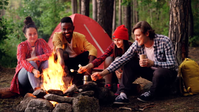 Happy-men-and-women-diverse-group-are-cooking-food-on-fire-at-campsite-sitting-around-campfire-and-holding-sticks-with-marshmallow.-Camping-and-friendship-concept.