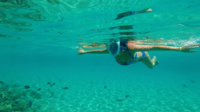 im-Meer-eine-Mädchen-in-einer-speziellen-Schnorchel-Maske-schwimmt,-untersucht,-Fische,-Korallen,-die-Schönheit-der-Unterwasserwelt,-an-einem-heißen-Sommertag,-während-des-Urlaubs
