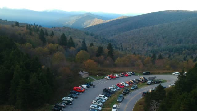 Aerial-Drone-view-of-camp-ground-parking-lot-in-the-Blue-Ridge-Mountains