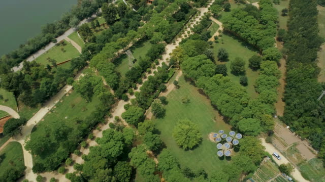 Aerial-View-of-Seville-Central-Park-and-The-Egg-of-Columbus