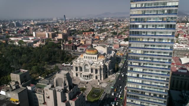 Latin-American-Tower-and-Palace-of-Fine-arts-view-with-drone,-Mexico-City,-CDMX