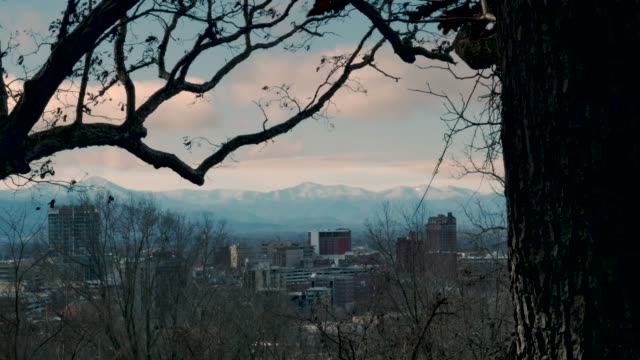 Dolly-shot-of-downtown-Asheville,-NC-day