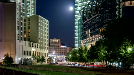 Potsdamer-Platz-under-full-moon,-time-lapse