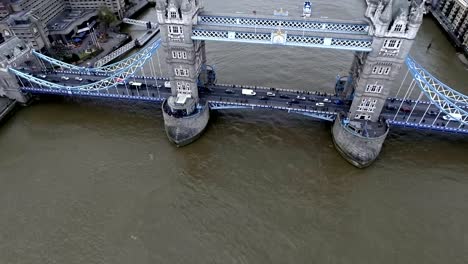 Beautiful-Dramatic-Aerial-Shot-of-Iconic-Tower-Bridge-in-London-4K