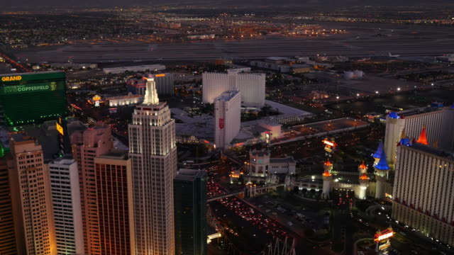 Las-Vegas,-Nevada-Aerial-view-of-Las-Vegas-Strip-at-dusk