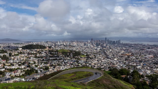Die-Innenstadt-von-San-Francisco-mit-Wolken-von-Twin-Peaks-Tag-Timelapse