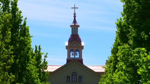 Christian-Catholic-Church-Steeple-Cross,-Religious-Symbol,-Baroque-Building