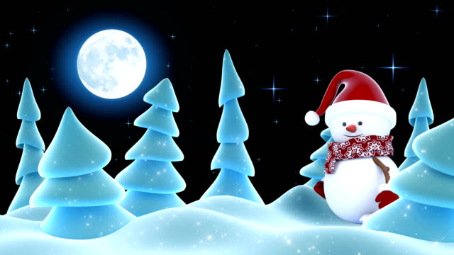 Funny-Snowman-in-Red-Santa-Hat-Greeting-with-Hands-and-Smiling-in-Forest.-Beautiful-3d-Cartoon-Animation.-Animated-Greeting-Card.-Merry-Christmas-and-Happy-New-Year-Concept.