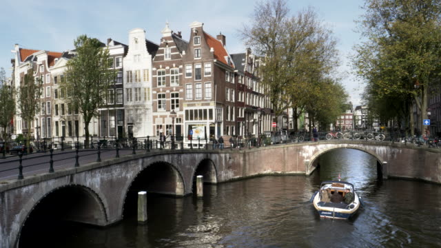 an-afternoon-wide-view-of-dutch-buildings,-canals-and-bridges-in-amsterdam