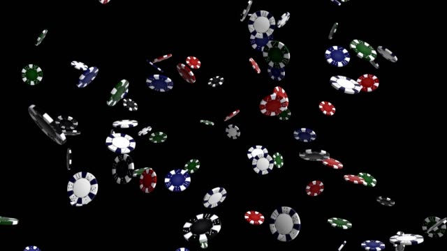 Falling-poker-chips-on-black-background-with-flare-seamless-loop-animation