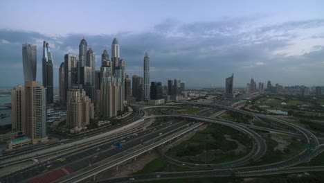 4K-Timelapse---Aerial-view-of-cityscape-and-skyline-in-Marina.Dubai.UAE-at-sunrise