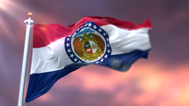 Bandera-de-Missouri-estado-al-atardecer,-región-de-los-Estados-Unidos-bucle