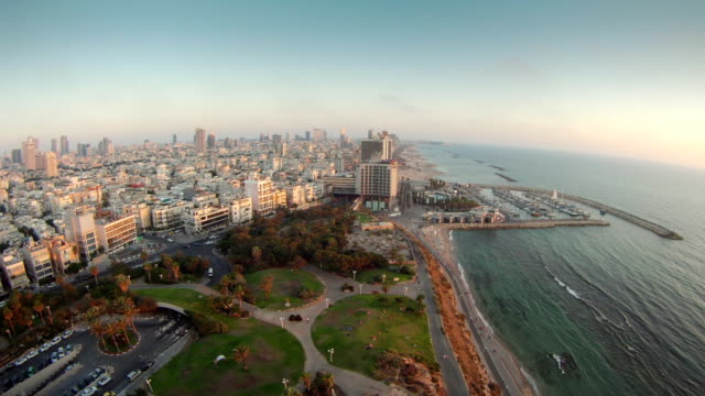 Time-lapse-Tel-Aviv-beach-coastline-extreme-wide-angle