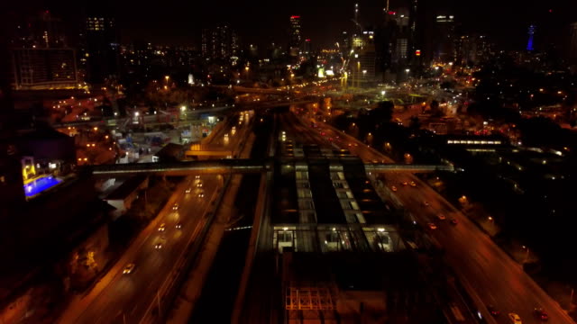 Tel-Aviv,-Israel,-Aerial-View-of-ayalon-highway-At-Night-tel-aviv-skyline