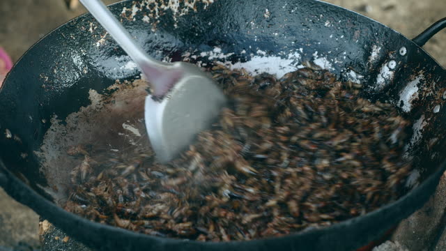 Woman-stirring-deep-frying-grasshoppers-in-a-wok-using-metal-tongs-(-close-up)