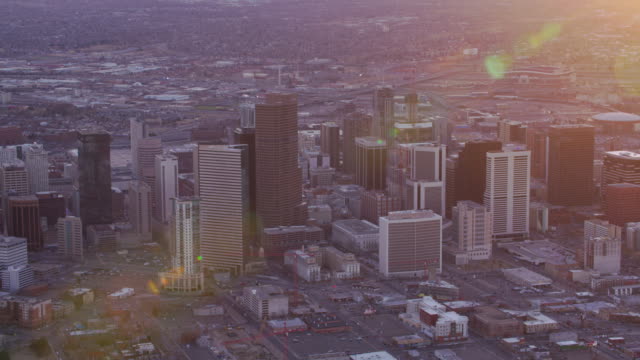 Aerial-view-of-Denver-at-sunset
