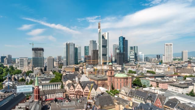 Frankfurt-aerial-view-city-skyline-timelapse-at-business-district,-Frankfurt,-Germany-4K-Time-lapse
