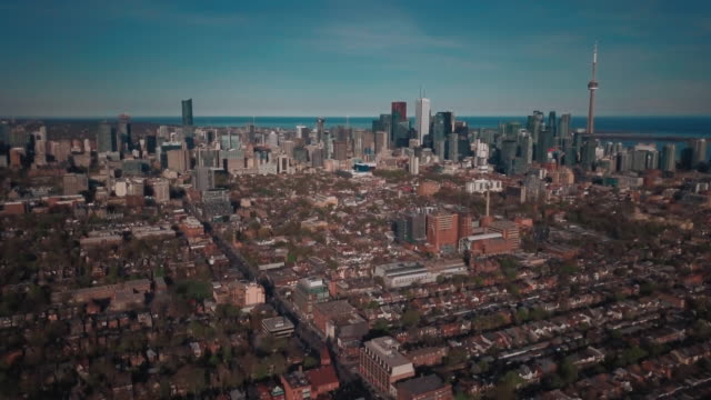 Drone-aerial-looking-at-downtown-of-large-city