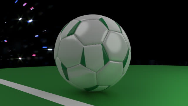 Balón-de-fútbol-con-la-bandera-de-la-cruza-de-Nigeria-el-objetivo-línea-debajo-del-saludo,-3D-rendering
