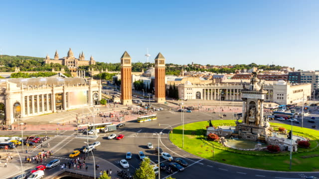 Timelapse-Barcelona-City-Plaza-de-España-im-Sommersaison,-Spanien