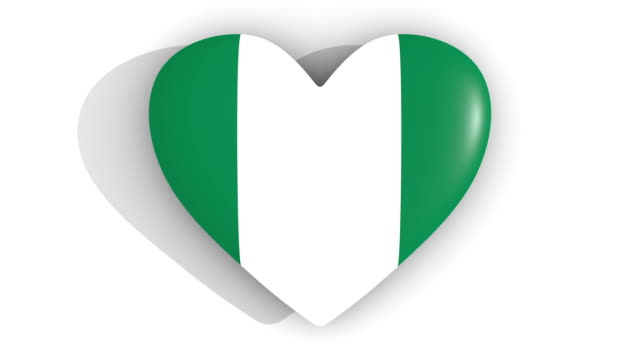 Pulsating-heart-in-the-colors-of-Nigeria-flag,-on-a-white-background,-3d-rendering-top,-loop
