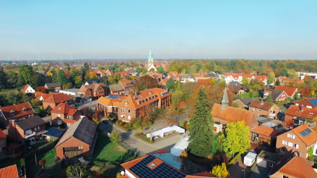 Aerial-Drone-View-of-the-small-city-of-Sassenberg-in-Münster,-Westfalen-in-Germany