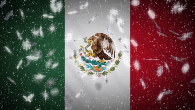 Mexico-flag-falling-snow-loopable,-New-Year-and-Christmas-background,-loop