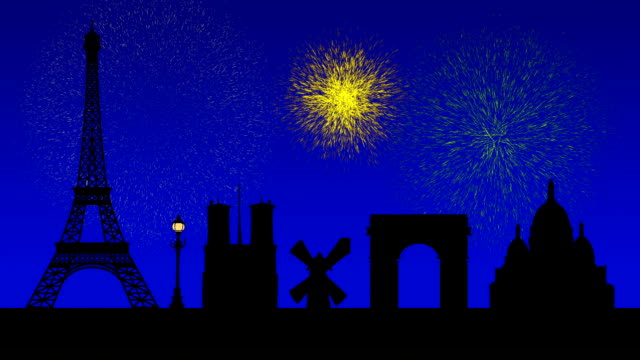 Skyline-von-Paris,-Animation-mit-Feuerwerk