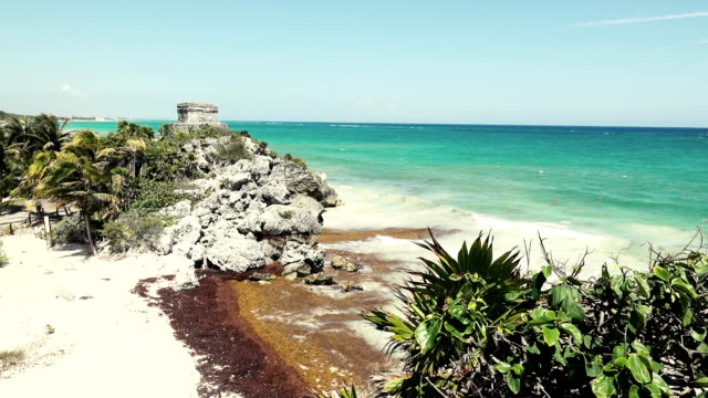 Ruinen-der-Maya-Tempels-mit-Blick-auf-den-Strand-Long-Shot