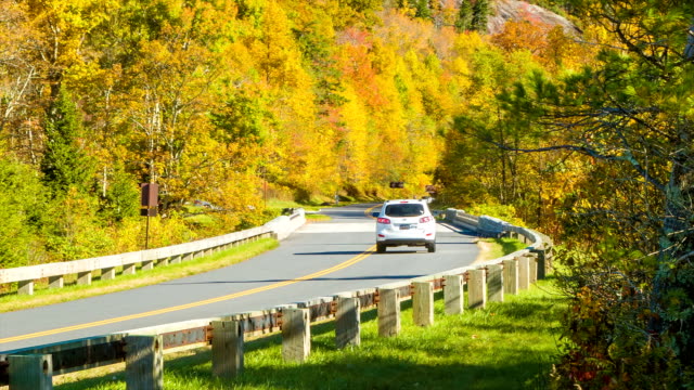 Toma-panorámica-de-los-árboles-al-vehículo-en-otoño-color-BlueRidge-Parkway