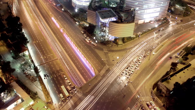 Aerial-view.-Crossroad-at-night.-Time-lapse.
