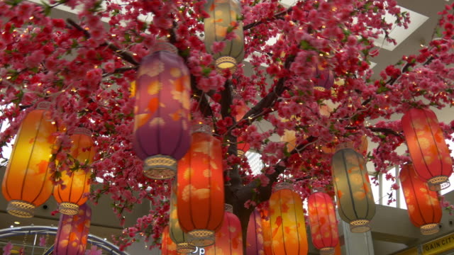 Singapur-Chinesisches-Neujahr-Dekoration-Sakura-Baum-Feuerzeuge-Marina-Square-mall