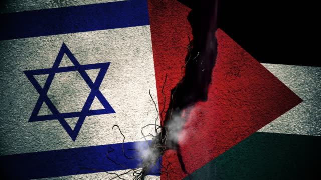 Israel-vs-Palestina-banderas-en-la-pared-agrietada