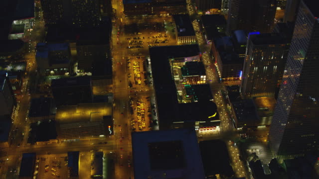 Aerial-view-of-Denver-downtown-streets-at-night
