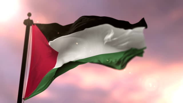 Flag-of-Palestine-waving-at-wind-at-sunset-in-slow,-loop
