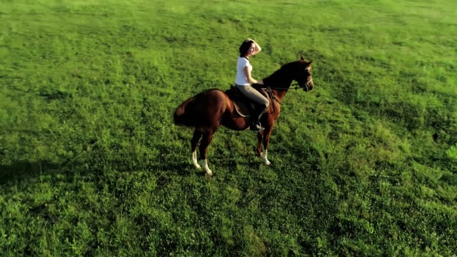 Eine-lächelnde-junge-Frau-sitzt-und-reitet-auf-einem-braunen-Pferd,-orbital-Schuss,-Slow-motion