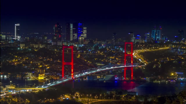 Istanbul-Bosporus-Brücke,-Nacht,-Zeitraffer,