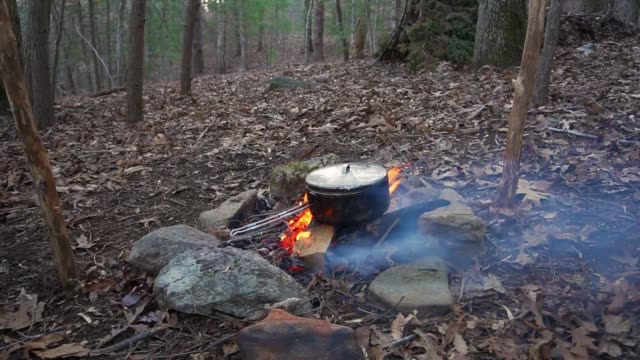 Mann-baut-Lagerfeuer,-um-Topf-über-Feuer-zu-kochen-Essentielle-Bushcraft/Survival-Fähigkeiten.-Primitive-Trümmerhütte-Unterschlupf-auf-dem-Campingplatz.-Camping-über-Nacht-in-den-blauen-Kammbergen-von-North-Carolina