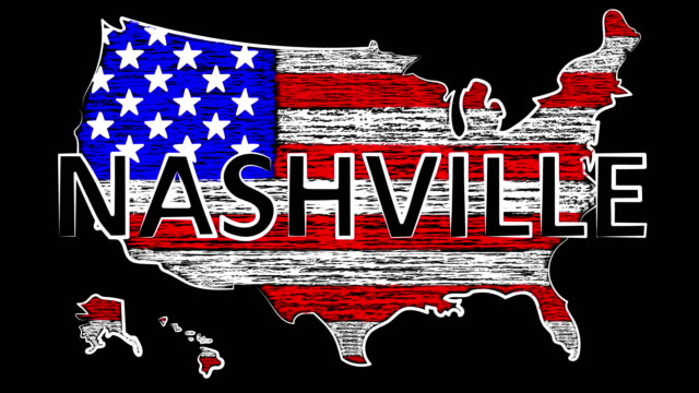 Nashville-Animation.-USA-der-Name-des-Landes.-Färben-der-Karte-und-des-Flags.