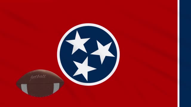 Tennessee-flag-waving-and-american-football-ball-rotates,-loop