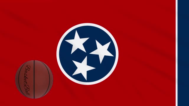 La-bandera-de-Tennessee-ondeando-y-la-pelota-de-baloncesto-gira,-bucle