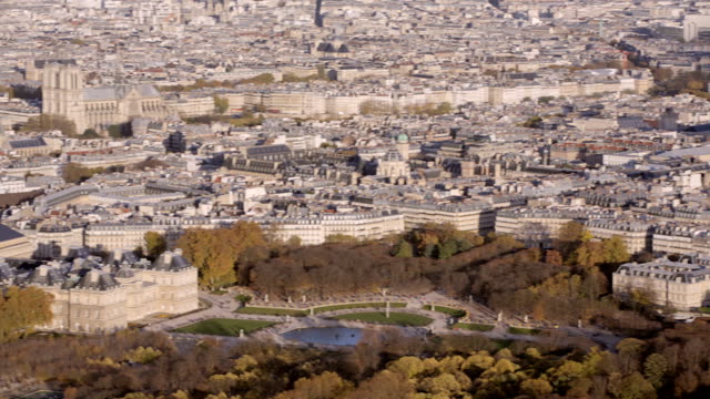 Paris,-France---November-20,-2014:-Aerial-establishing-shot-of-the-luxembourg-garden.-Notre-Dame-is-in-the-background.