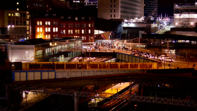 Birmingham-cityscape,-New-Street-Station---night.