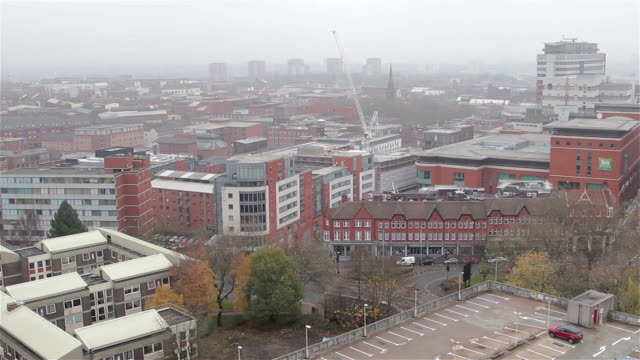 Birmingham-City-Centre-Skyline---High-Rise-Buildings,-Car-Park,-Flats
