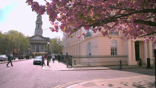 City-street-corner-in-spring,-Marylebone,-London