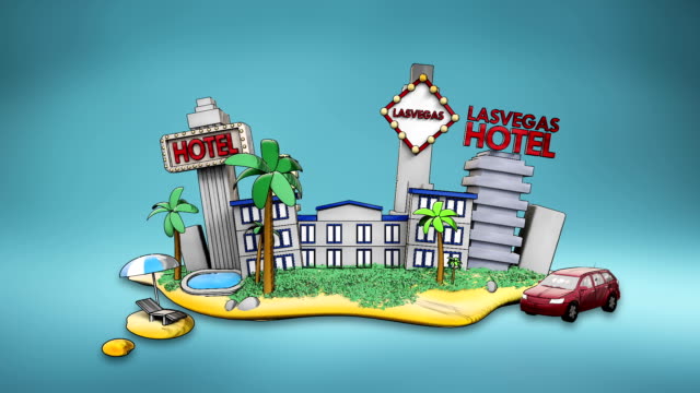 Hotel-de-vacaciones-de-Lasvagas,-icono,-casino,-piscina,-visita-de-la-ciudad.-Ilustración