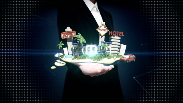 Businesswoman-open-palm,-Holiday-of-hotel-icon,-casino,-swimming,-travel.