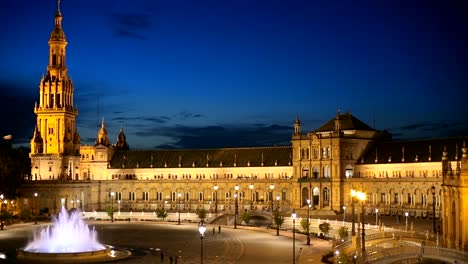 Noche-panorámica-captura-de-Plaza-de-España-en-Sevilla,-España