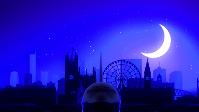 Manchester-England-Vereinigtes-Königreich-Flugzeug-abheben-Moon-Night-Blue-Skyline-Travel