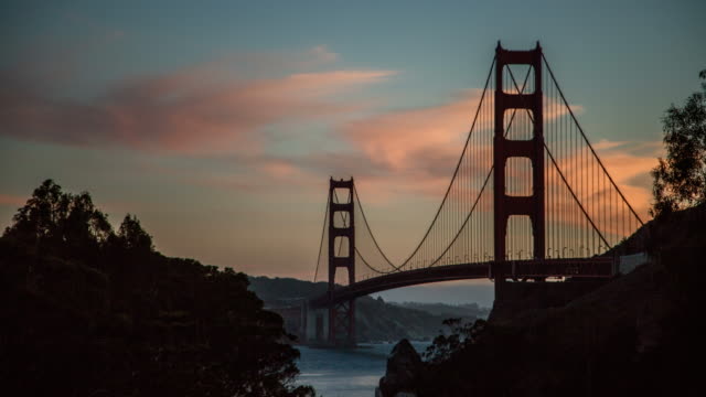 Dramatischen-Sonnenuntergang-Tag-Nacht-Zeitraffer-über-die-Golden-Gate-Bridge